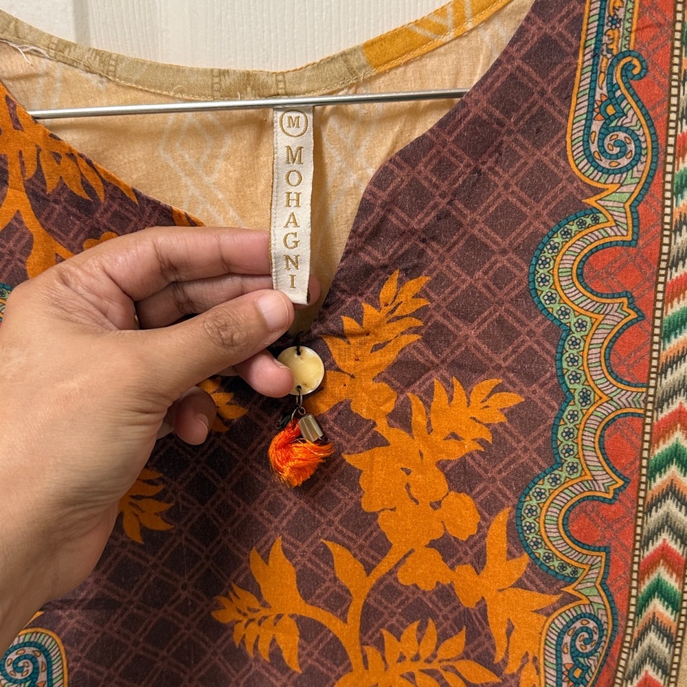Pakistani Indian Floral Print Tunic Dress in Mustard and Brown - Picture 9 of 9